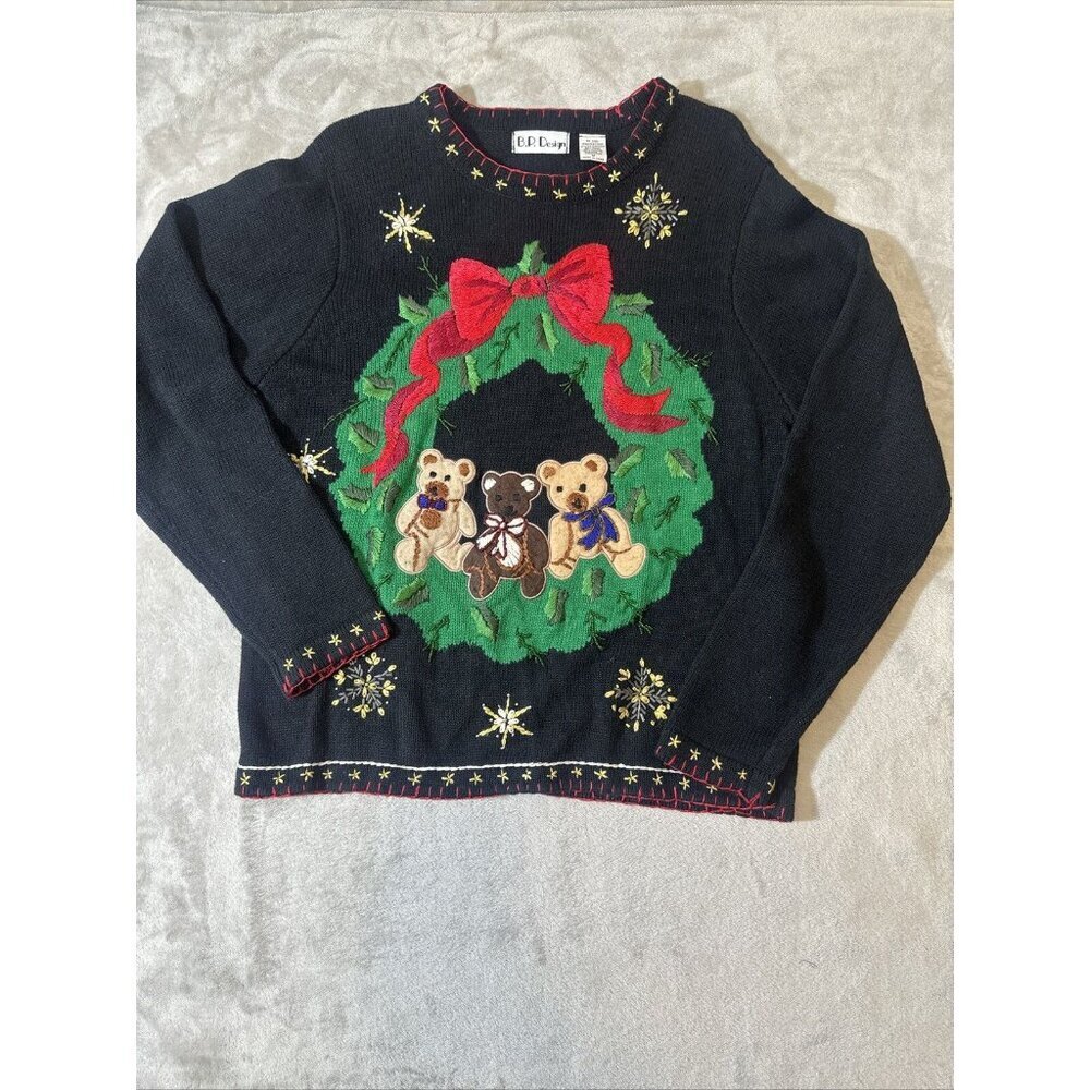 Women’s Vintage Christmas Sweater Granny Core Black Green B.P Design Size Medium - Picture 2 of 14